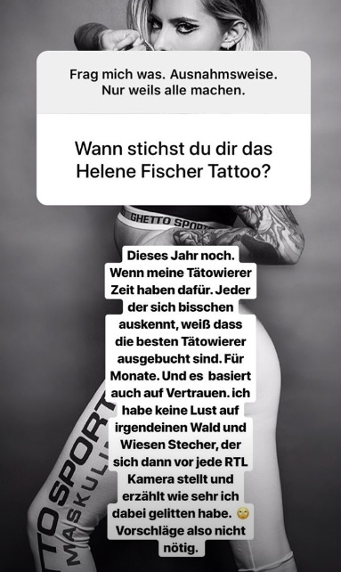 Helene Fischer-Tattoo ist noch für dieses Jahr geplant: Instagram Stories.